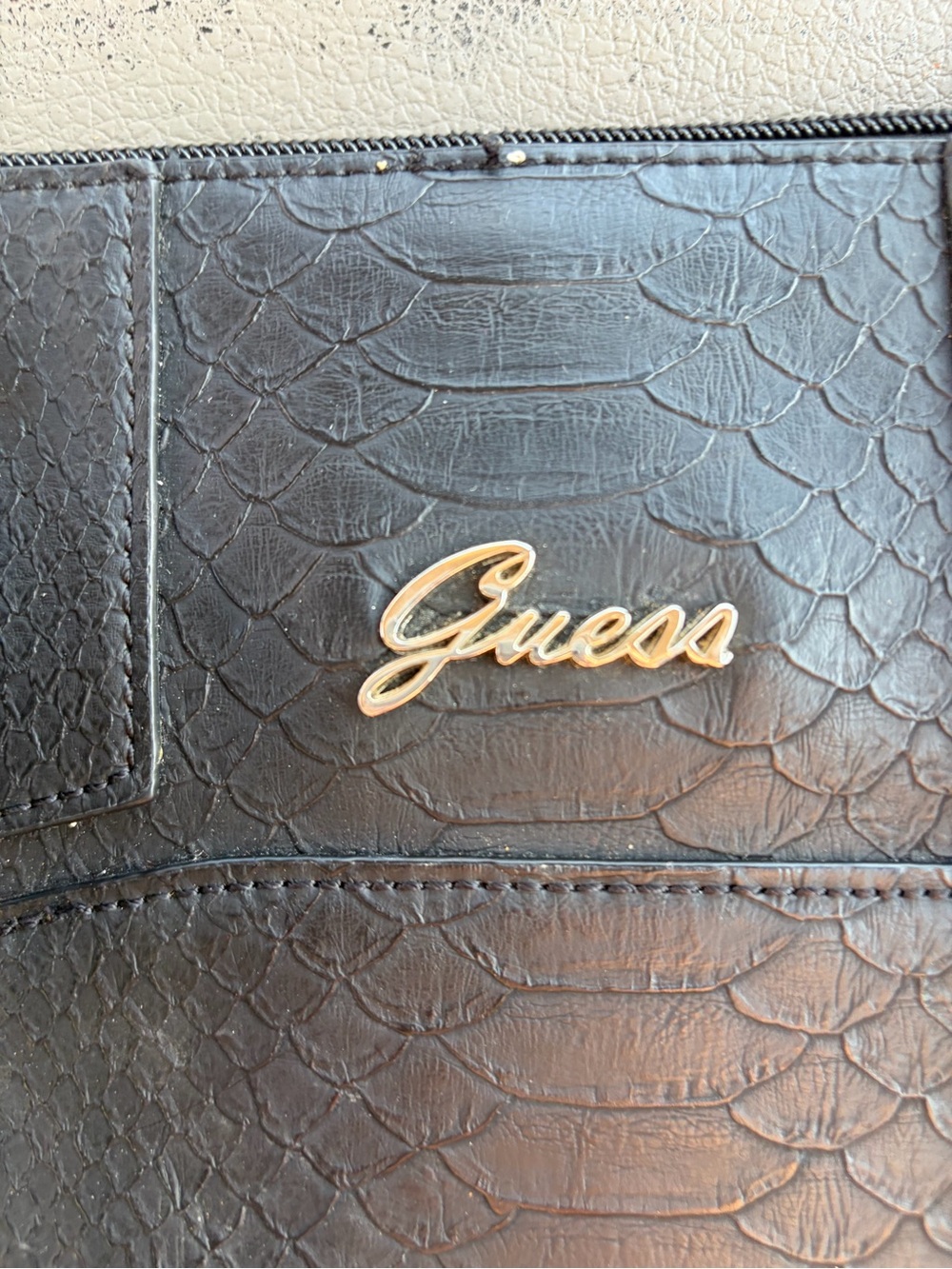 Guess Black Faux-Snakeskin Shoulder Bag with Gold Logo